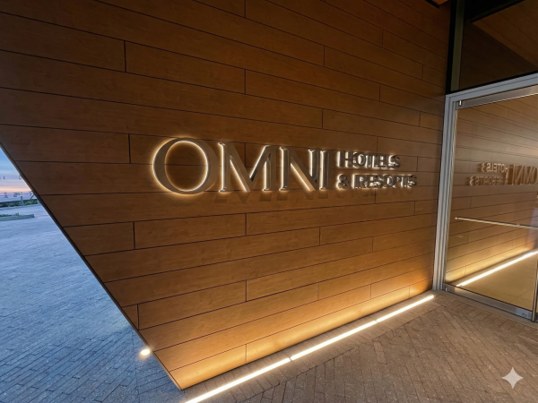 Halo-lit reverse illuminated channel letters for Omni Hotels and Resorts entrance by Baron Sign Manufacturing