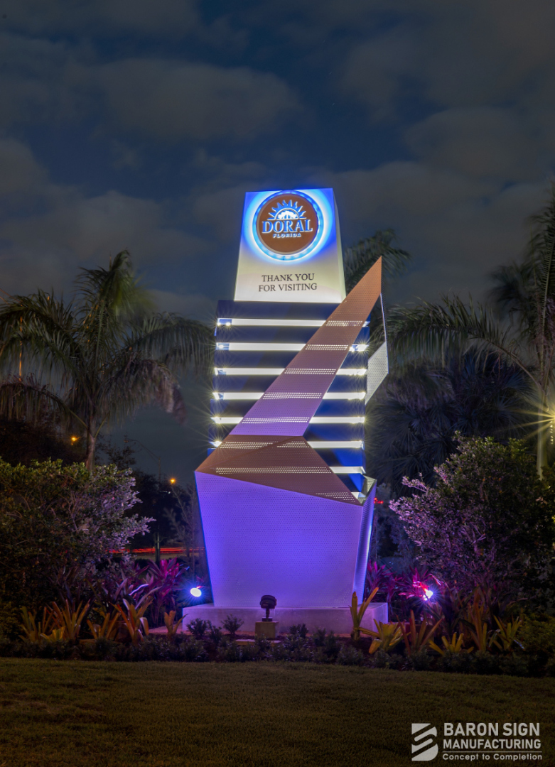 Custom architectural pylon welcome sign for City of Doral Florida by Baron Sign Manufacturing