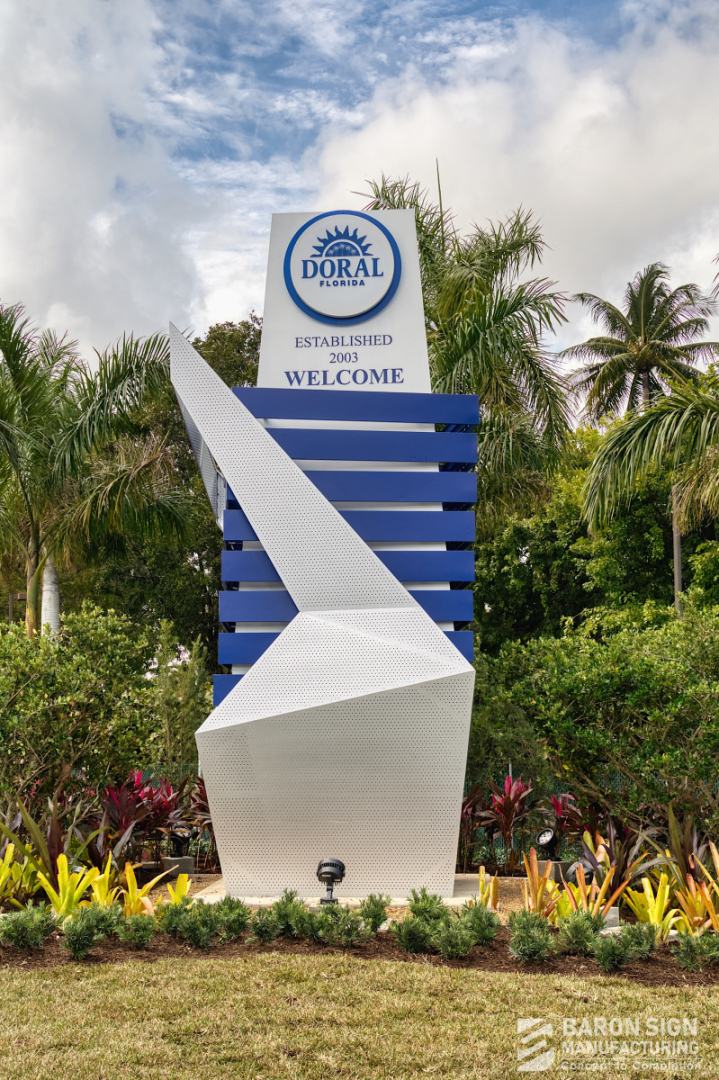 Custom architectural pylon welcome sign for City of Doral Florida by Baron Sign Manufacturing