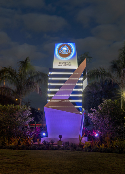 Custom architectural pylon welcome sign for City of Doral Florida by Baron Sign Manufacturing