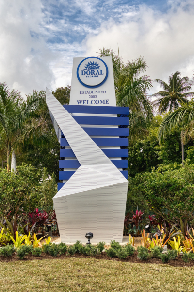 Custom architectural pylon welcome sign for City of Doral Florida by Baron Sign Manufacturing